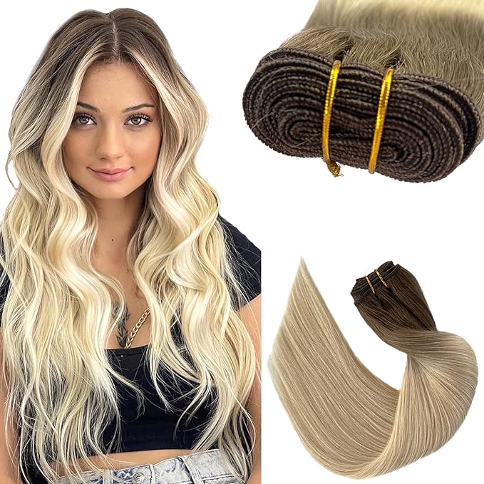 Sew in Hair Extensions Real Human Hair,18 Inch 100G Hand Tied Weft Hair Extensions Human Hair Ombre Brown Fading to Blonde Bundles Sew in Weft Hair Extensions Real Human Hair Weave Bundles for Women