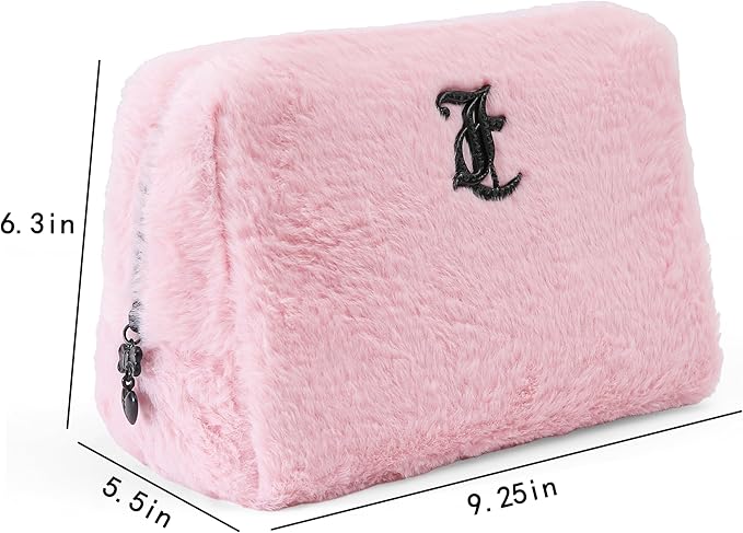 Juicy Couture Women's Cosmetics Bag - Travel Makeup and Toiletries Clutch Wedge Pouch, Pink Long Fur