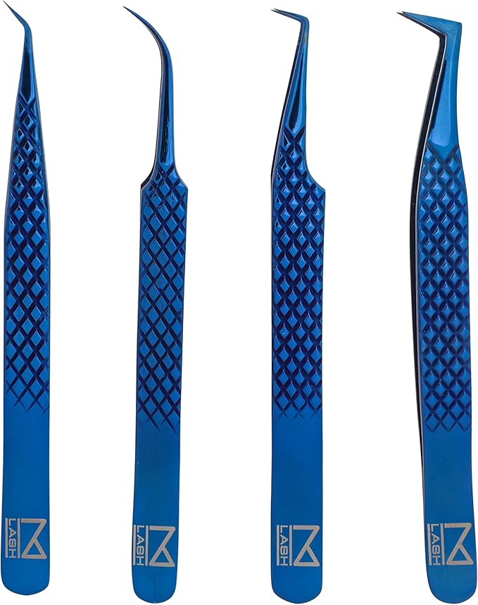 M LASH Tweezers for Eyelash Extensions (Set of 4) - Professional Lash Extension Tweezers - Fiber Tip, Japanese Steel, Diamond Grip Eyelash Extension Tweezer (Blue)