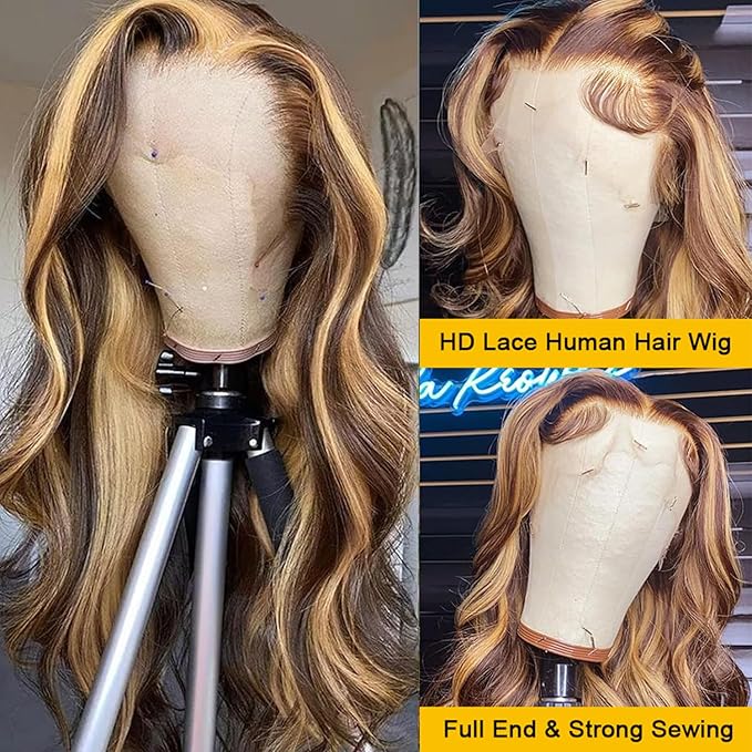 13x6 Highlight Ombre Lace Frontal Wigs Human Hair 4/27 Honey Blonde 180% Density Body Wave Wig for Women HD Transparent Lace Front Wig with Highlights Colored Glueless Wigs Human Hair 24 Inch