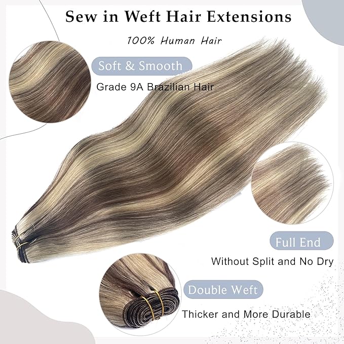 Hand Tied Weft Hair Extensions - 14 Inch Sew In Real Human Hair Weave Bundles - 80G Brown Balayage Ash Blonde Mixed Blonde