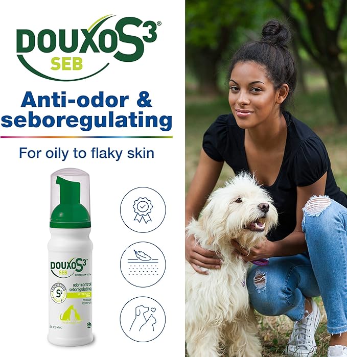 Douxo S3 Seb Mousse, Contains 0.5% Ophytrium, Odor Control & Seboregulating, For Oily to Flaky Skin, Seborrhea, For Dogs and Cats, 5.1 fl. oz. (150mL)