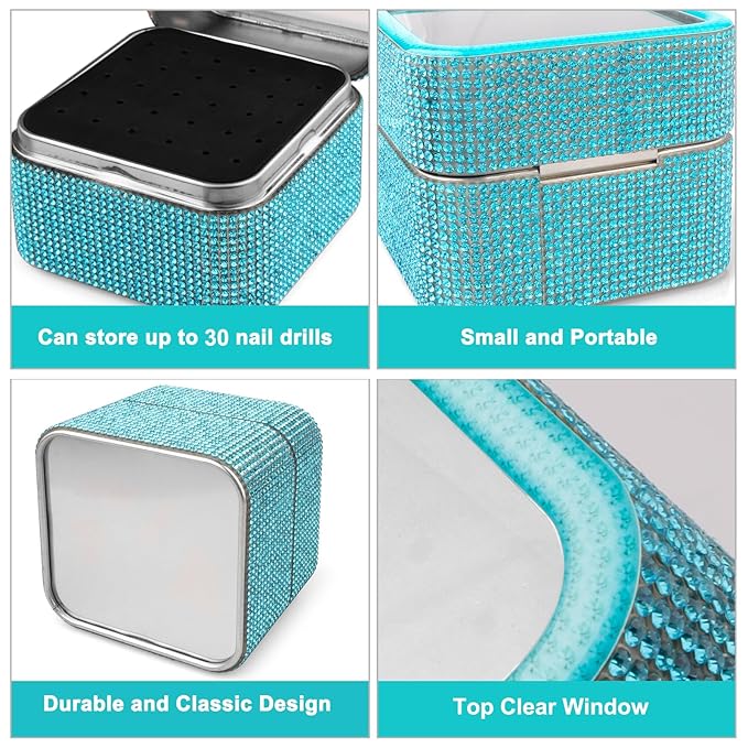 30Pcs Nail Drill Bits Set with Rhinestone Storage Box, 3/32 Inch Ceramic Diamond Carbide Nail Drill Bits for Acrylic Gel Polish, Cuticle Efile Remover for Manicure (Lake Blue)