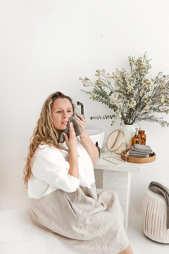 100% Flax Linen Washcloths - 4-Pack 10x10-inch Reusable Waffle Washcloths - Make up Removers Face Cloth - Black-Natural Waffle Weave Wash Cloths - Small Face Towels for Women