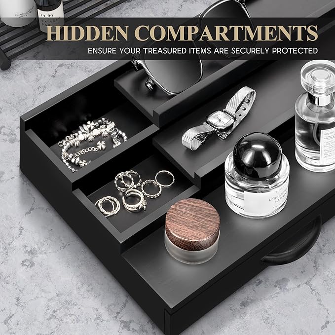 EOSAHR Modern Cologne Organizer for Men - 3 Tier Cologne Display with Storage Drawer - Perfume Organizer with Hidden Compartment - Great Gift for Dad and Boyfriend (Black)