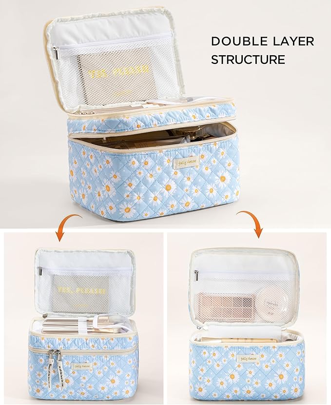 HBselect 2Pcs Travel Makeup Bag, Large Cotton Quilted Makeup Bag Cosmetic Bag Cute Make up Bag Toiletry Bags for Women Girls