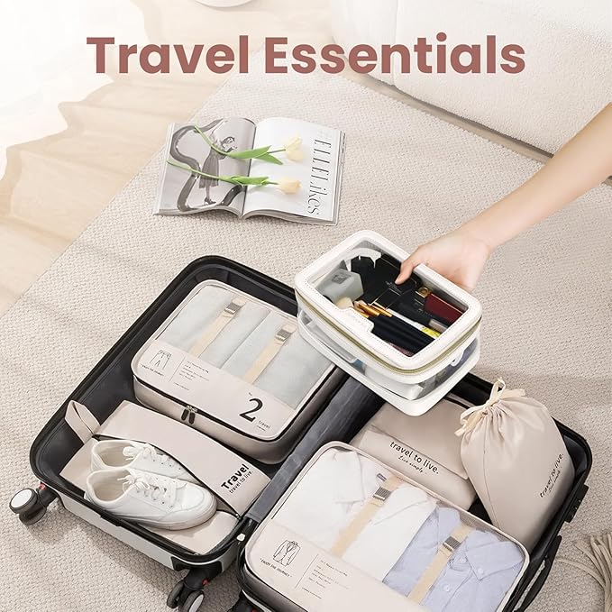 Clear Makeup Bag, Travel Clear Cosmetic Bag and Makeup Brush Bag, Transparent Portable Makeup Case, Waterproof Toiletry Bag with Zipper for Women, White