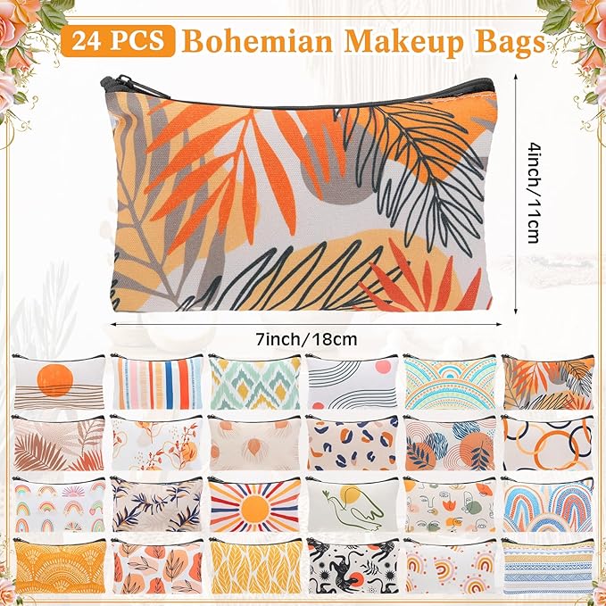 24 Pieces Makeup Bags Bulk Canvas Cosmetic Bags Purse Organizer Zipper Cosmetic Pouch Portable Travel Toiletry Pouch for Women Men Gifts, 7 x 4 Inch (Boho)