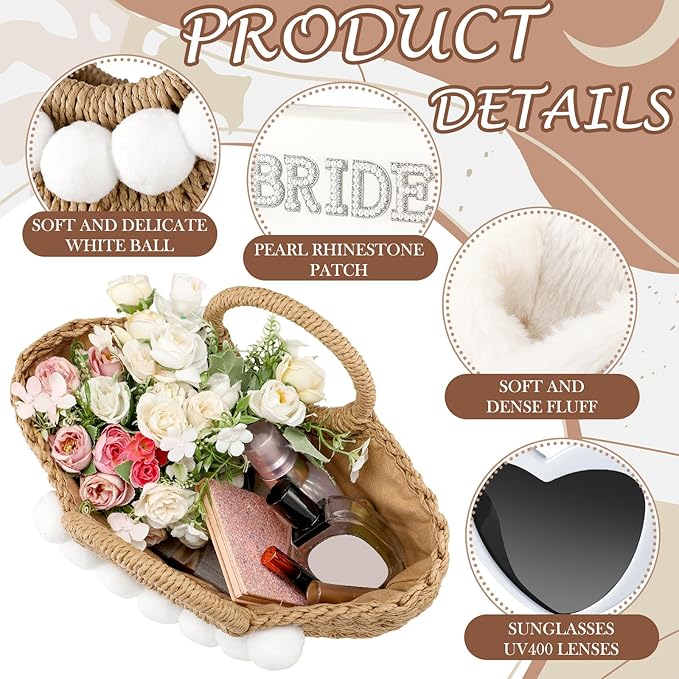 4 Pcs Bridal Shower Gift Set Include Handwoven Wedding Straw Purse Makeup Cosmetic Tote Bag Beach Bride Sunglasses Cross Band Women Slippers for Bridal Shower Bachelorette Party(Bride)