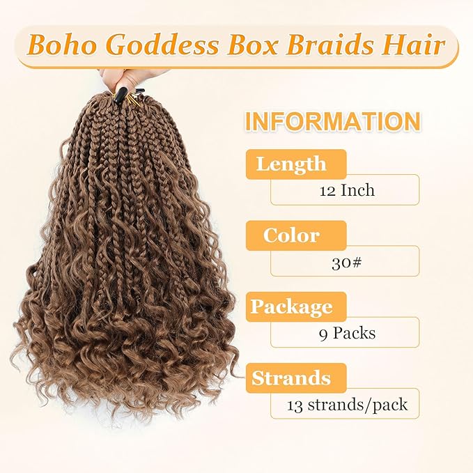 9 Packs Goddess Box Braids Crochet Hair Boho Crochet Box Braids With Curly Ends Crochet Hair For Black Women, 12 Inch Pre Looped Bohemian Crochet Box Braids Hair (12Inch 9 Packs,30#)