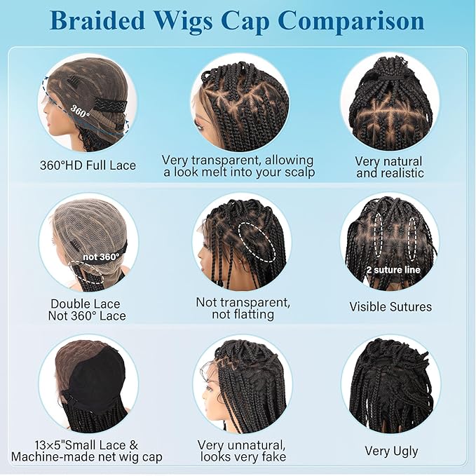 360° Hd Full Lace Boho Braided Wigs for Women Knotless Box Braid Wig with Baby Hair Natural Black Human Hair Blended Braided Lace Front Wigs 36"