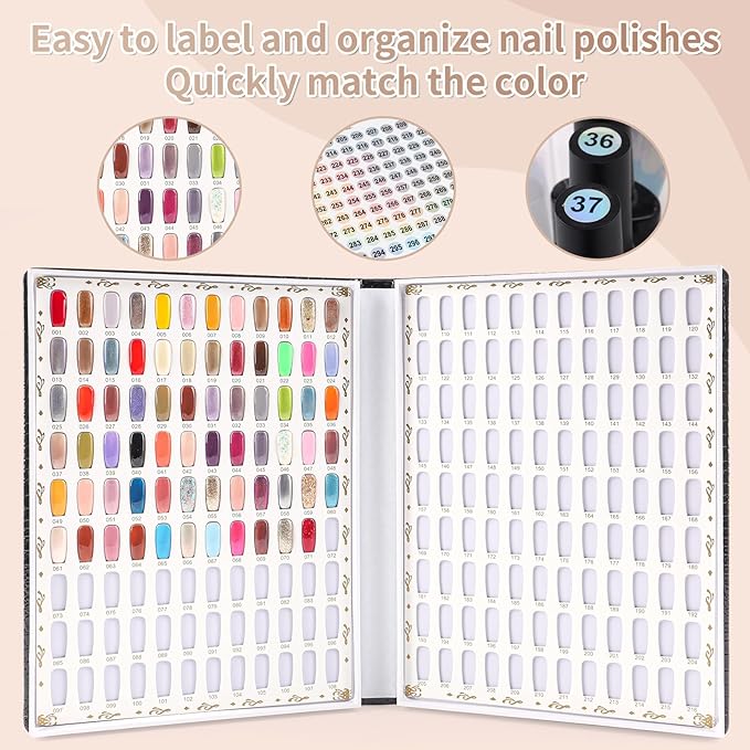 216 Colors Nail Display Chart, Nail Colors Book with 240 False Nail Tips, Professional Nail Gel Polish Organizer Color Card for Salon, Nail Swatches Book Sample Chart Tool Set (Black, 1 Pack)