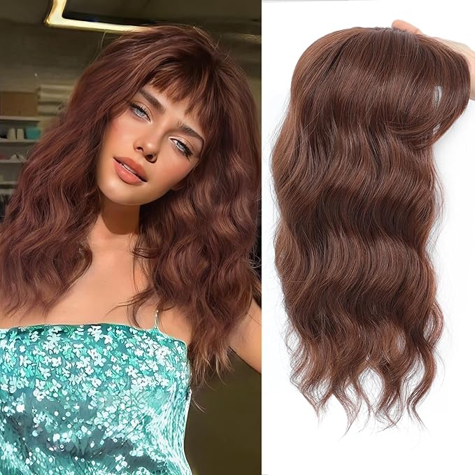 16 Inch Hair Toppers for Women with Thinning Hair, 360° 3D Realistic Toppers for Women Wispy Bangs Clip Synthetic Curly Wavy (M33)