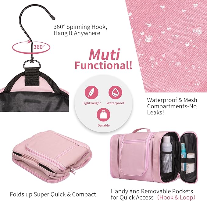 SPLF Extra Large Hanging Travel Toiletry Bag for Women, Water-resistant Toiletry Bags for Traveling, Makeup Cosmetic Bathroom Travel Bag for Toiletries, Shampoo, Full Sized Container- Pink
