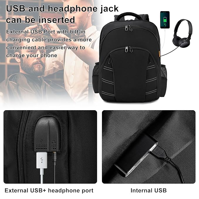 Barber Supplies Bag, Portable Backpack Bag for Clippers and Supplies, Travel Hairstylist Clipper Organizer Bag for Barber Tools with USB Port