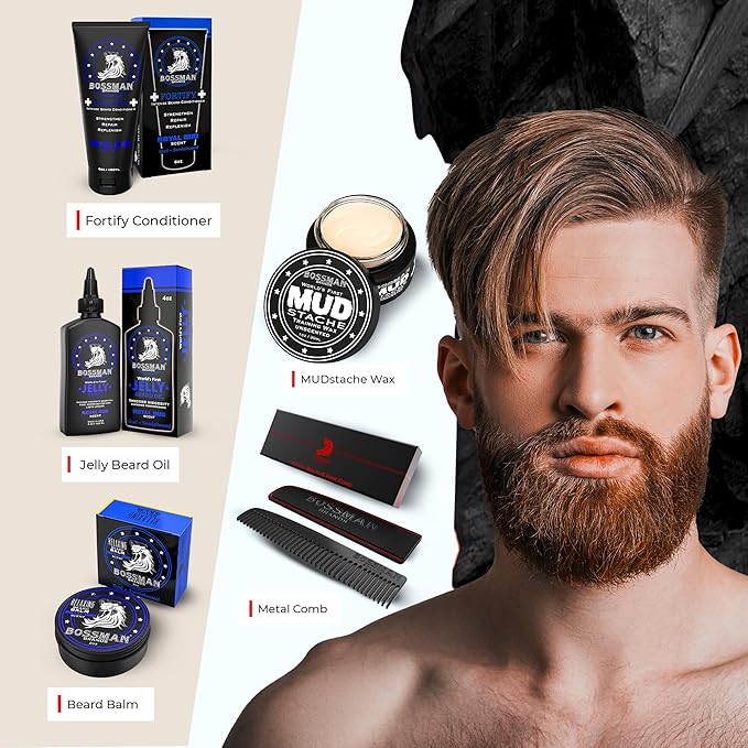 Bossman Complete Beard Kit – Men's Beard Oil Jelly, Fortifying Shower Conditioner, Balm, Mustache Wax & Comb – Beard Softener & Grooming Care (Royal Oud Scent)