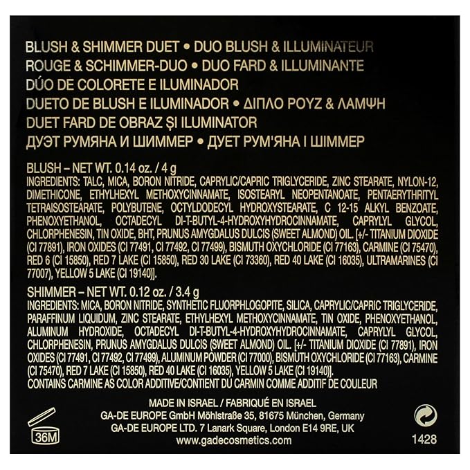 GA-DE Velveteen Blush and Shimmer Duet, 12 - Formulated with Micronized Pearls and Pigments for Sculpting Face and Décolleté - Paraben-Free - 0.26 oz