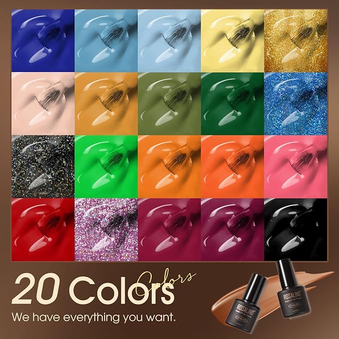 ROSALIND 24pcs Gel Polish Set with 4 Bottles of Base and Glossy Matte Glitter Top Coat Yellow Purple Blue Gel Nail Polish Set Bright Colors Gel Nail Set for Women