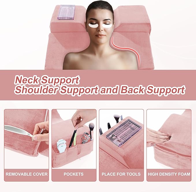 BALAPET Lash Pillows for Eyelash Extensions Ergonomic and Comfortable Velvet Foam Eyelash Pillow for Neck and Back Support Pillow Side Pockets can be Placed Tools,Easy to Graft Eyelashes(Pink)