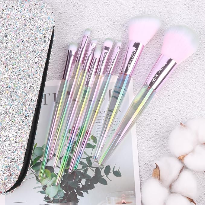 Rainbow Crystal Makeup Brushes Set Professional, Vegan Makeup Brush Set with Case by ENZO KEN, Bedazzled Cosmetic Brushes Makeup Set, Sparkly Make up Brushes Set Professional, Makeup Brush Set Vegan.