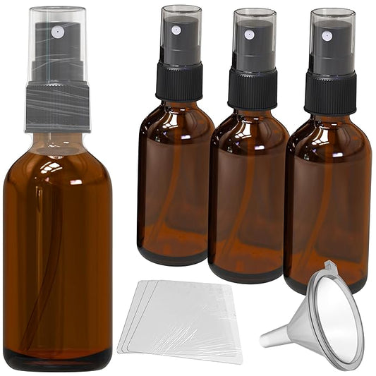 Nevlers 3 Pack Amber Glass Spray Bottles 2 Oz Set | Amber Spray Bottles with Shrink Wrap and Funnel | Leakproof Mister Bottle for Hair, Body, Fragrance, Hand Sanitizer & More