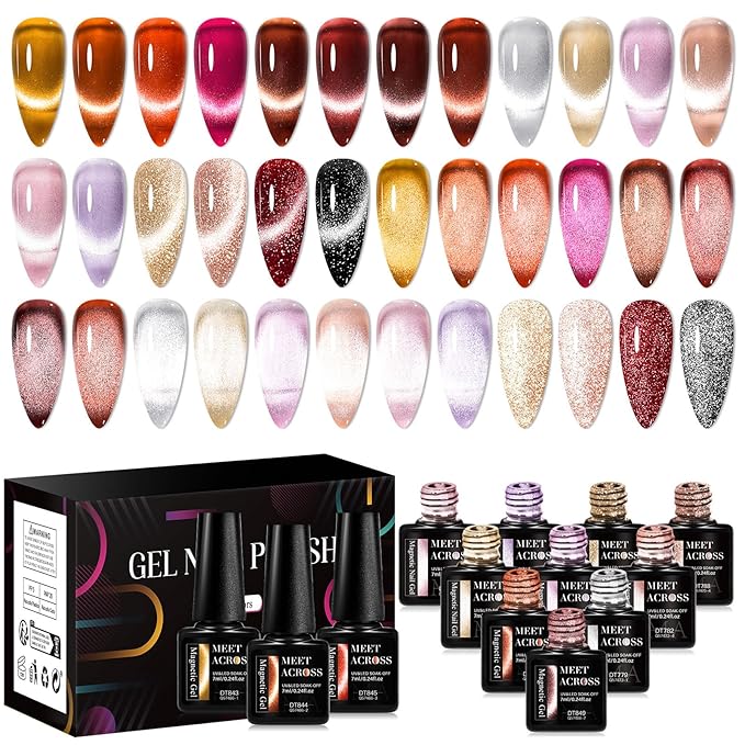 MEET ACROSS Brown Cat Eye Gel Nail Polish Set 18PCS Glitter Gel Polish Kit Gold Gel Amber Caramel Shimmer Nail Polish Kit Reflective Fall Translucent Cateye Gel Polish Salon DIY Gifts