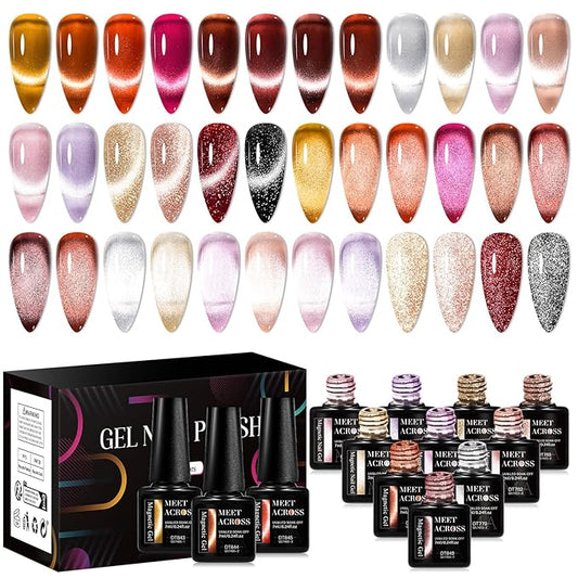 MEET ACROSS Brown Cat Eye Gel Nail Polish Set 18PCS Glitter Gel Polish Kit Gold Gel Amber Caramel Shimmer Nail Polish Kit Reflective Fall Translucent Cateye Gel Polish Salon DIY Gifts