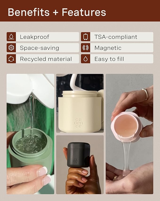 Cadence Travel Containers - Haircare Set - Magnetic Travel Capsules - For Shampoo, Conditioner, Hair Styling Product - 3 Flex Mediums (1.32oz) with Shampoo, Conditioner & Comb Icon Labels - Paiic