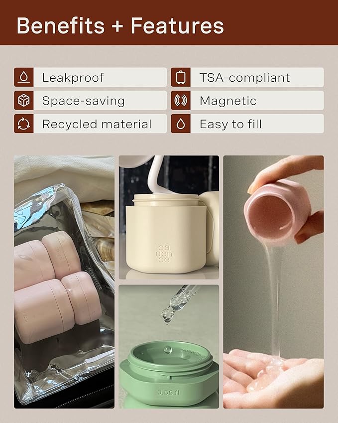 Cadence Travel Containers - Core Skincare Set - Magnetic Travel Capsules - 2 Small (0.56oz) & 3 Medium Capsules (1.32oz) with Cleanser, Moisturizer, Serum, Makeup Remover & Sun-Icon Label - Evergreen