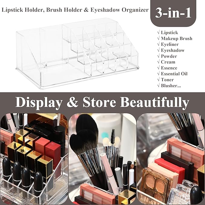 Sea Team 16-Slot Acrylic Plastic Lipstick Organizer, Clear Lipstick Holder, Makeup Storage Box, Cosmetic Display Case for Lippie, Lip Gloss, Eye Liner, Eyebrow Pencil, Nail Polish, Essence, Brush
