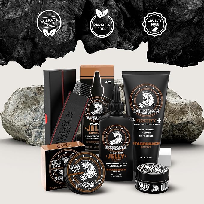 Bossman Complete Beard Kit – Men's Beard Oil Jelly, Fortifying Shower Conditioner, Balm, Mustache Wax & Comb – Beard Softener & Grooming Care (Stagecoach Scent)