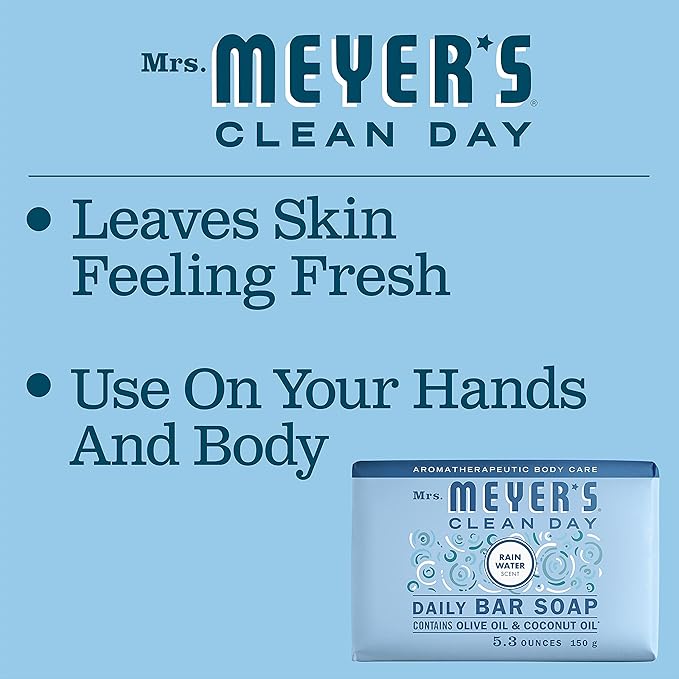 MRS. MEYER'S CLEAN DAY Bar Soap, Use as Body Wash or Hand Soap, Made with Essential Oils, Rain Water, 5.3 oz, 4 Bars