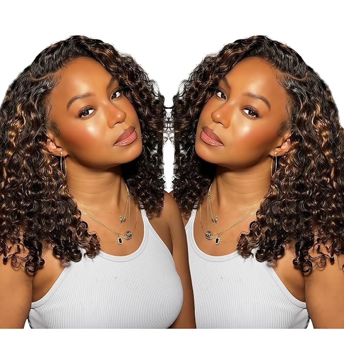 5×5 Closure Bob Wig Human Hair Glueless Wigs Human Hair Pre Plucked Pre Cut Short Curly Human Hair Wig Water Wave C Part Balayage Ombre Lace Frontal Human Hair Wigs for Black Women P1B/30 16Inch