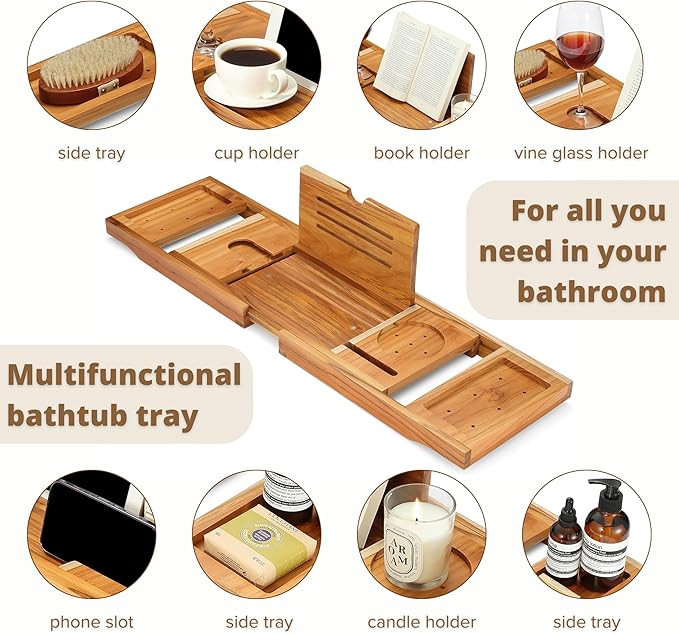 Teak Bathtub Tray, Bathtub Caddy, Expandable Bath Tub Tray Wood, Bath Table Tray&Bathtub Shelf, Luxury Bathtub & Bathroom Accessories and Organizer, House Warming&Wedding Gifts(Large)