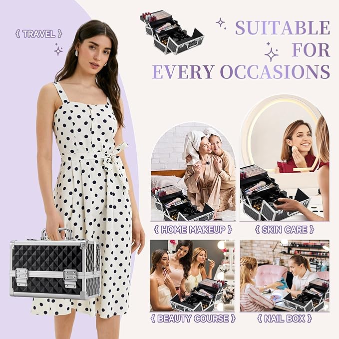 Leeora&Leekoo Makeup Train Case Cosmetic Box Portable Makeup Case Organizer 2 Trays Makeup Storage with Mirror for Cosmetologist Aesthetic Supplies Nail Tech Traveling Makeup Box (Watercube)