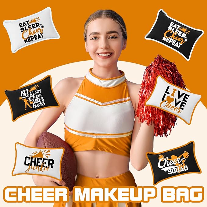 Pinkunn 20 Pcs Cheer Makeup Bags Bulk Cheerleader Gifts for Women Canvas Cheer Cosmetic Pouch Toiletry Zipper Makeup Case Cheerleading Portable Travel Pouch Team Accessories(Orange)