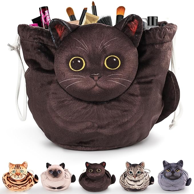 Drawstring Makeup Bag, Cat Makeup Bag, Travel Makeup Organizer, Cosmetic Pouch Bag, Cat Gift for Women, Lay Flat Makeup Bag Gifts for Cat Lovers