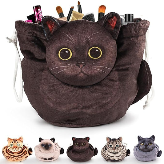 Drawstring Makeup Bag, Cat Makeup Bag, Travel Makeup Organizer, Cosmetic Pouch Bag, Cat Gift for Women, Lay Flat Makeup Bag Gifts for Cat Lovers