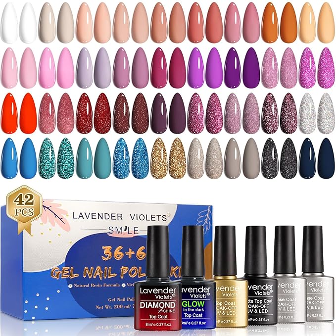 Lavender Violets 42 Pcs Gel Nail Polish Set, 36 Colors with 6 Bottles of Base Top Coat, Glossy Matte Diamond Shine Glow in the Dark Top Coat All Season for Nail Art Designs C952