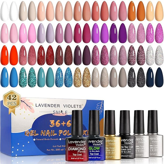 Lavender Violets 42 Pcs Gel Nail Polish Set, 36 Colors with 6 Bottles of Base Top Coat, Glossy Matte Diamond Shine Glow in the Dark Top Coat All Season for Nail Art Designs C952