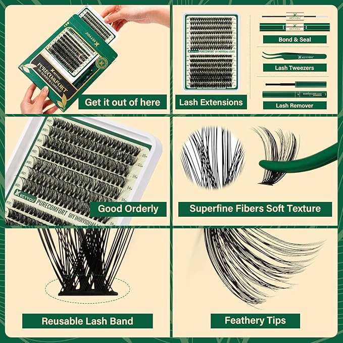 DIY Lash Extension Kit 280pcs Soft Lash Clusters 60D+80D C Curl Easy to use with Lash Bond and Seal Lash Applicator Lash Remover Eyelash Extension Kit at Home(RMkit-60D80D-C-10-18mix)