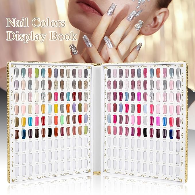 216 Colors Nail Display Chart, Nail Gel Polish Organizer Color Card with 240 False Nail Tips, Nail Color Display Book Chart Salon Nail Supplies Sample Chart Tool Set Nail Swatch (Gold, 1 Pack)