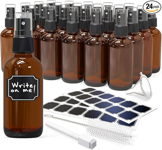 Nevlers 4 Oz Amber Spray Bottles 24 Pack | 118 mL Amber Glass Bottle Sprayer Set w/Funnel, Brush, Labels & Marker | Mist Bottle For Use as Travel Liquid Bottles for Fragrances, Essential Oils & More