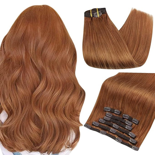 Full Shine Auburn Brown Real Hair Extensions Clip in Human Hair 10 Inch Short Human Hair Extensions Clip ins for Women Auburn Invisible Clip on Hair Extension Triple Weft 7 Pcs 95 G