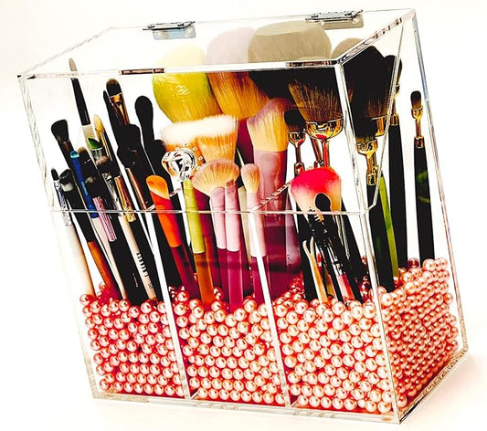 Acrylic Makeup Organizer ,clear Cosmetic brush storage box with 3 Brush Holders ,Makeup brush holderwith dust cover, Largecapacity split design can quickly organize the desktop ( with Free
