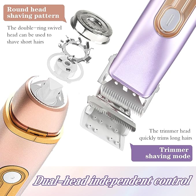 WNJ 2 in 1 Women Electric Shaver - Dual Head Bikini Trimmer - IPX7 Waterproof - Wet & Dry Use - Body Hair Trimmer and Facial Hair Remover for Bikini, Underarm Leg, Private Area, Arm, Body, Face