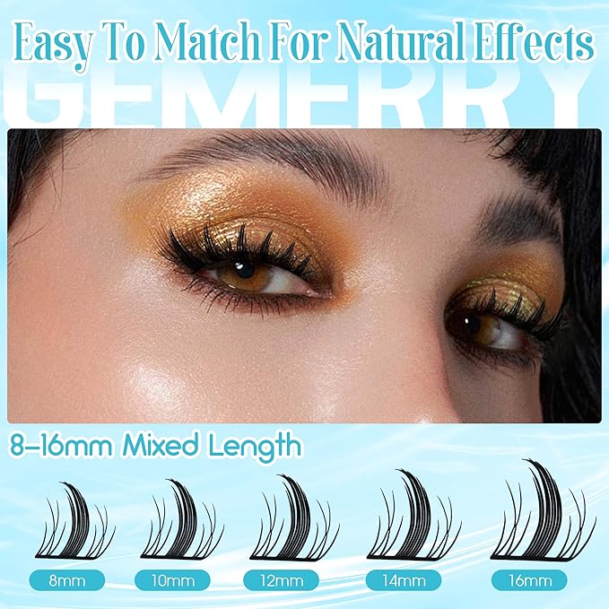 GEMERRY Fluffy Lash Clusters 8-16mm Extension With Ultra Thin Invisible Band - DIY Eyelash Clusters for Beginners