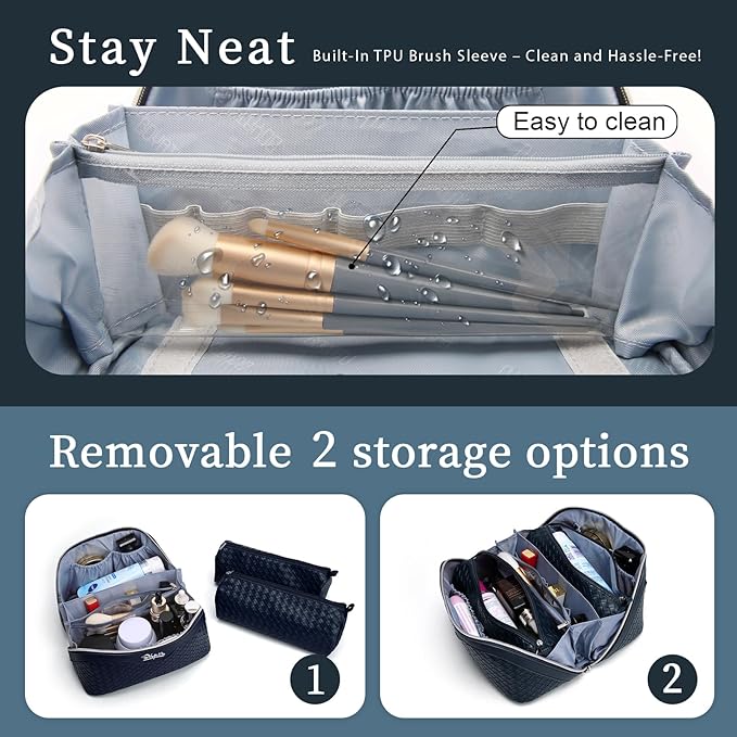 BOYATU Travel Makeup Bags for Women: Large Make up Bag Set of 3 - PU Leather Toiletry Bags - Portable Cosmetic Bag with Divider & Handle (L15 Dark Blue)