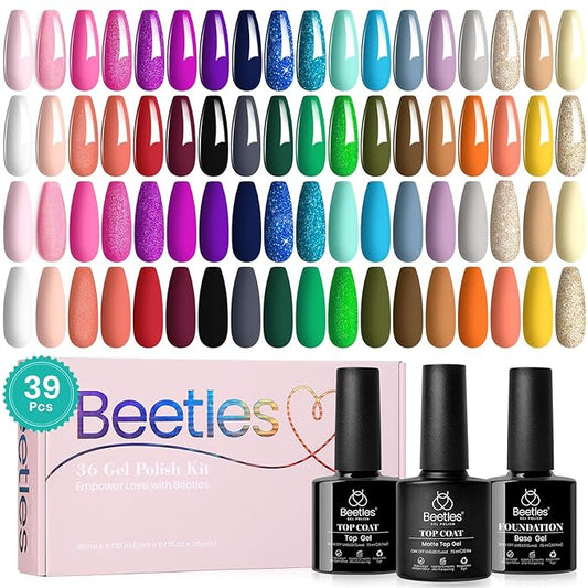 Beetles Gel Nail Polish Set 23Pcs Sparkle Red Pink Glitter Black Gel Polish Kit with 3Pcs Base Top Coat Soak off Uv Gel Polish Manicure Kit Gifts for Women Girls