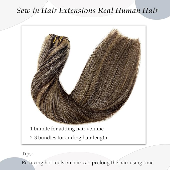 Sew in Hair Extensions Real Human Hair,Dark Brown and Blonde Balayage Weft Hair Extensions Human Hair Bundles, 80G 14Inch Hand Tied Weft Hair Extensions Human Hair Wefts Sew in Extensions for Women